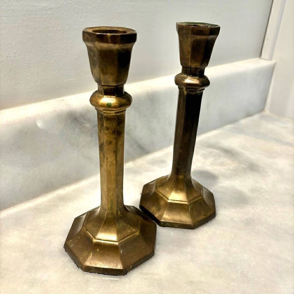 Antique Vintage Pair Of Brass Metal Victorian Candlestick Holders 7 3/4" Tall